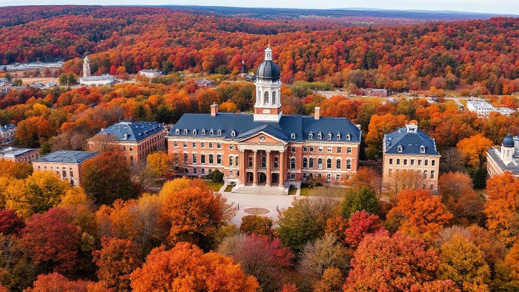 A panoramic view of Penn State's iconic Old Main building surrounded by vibrant autumn foliage.