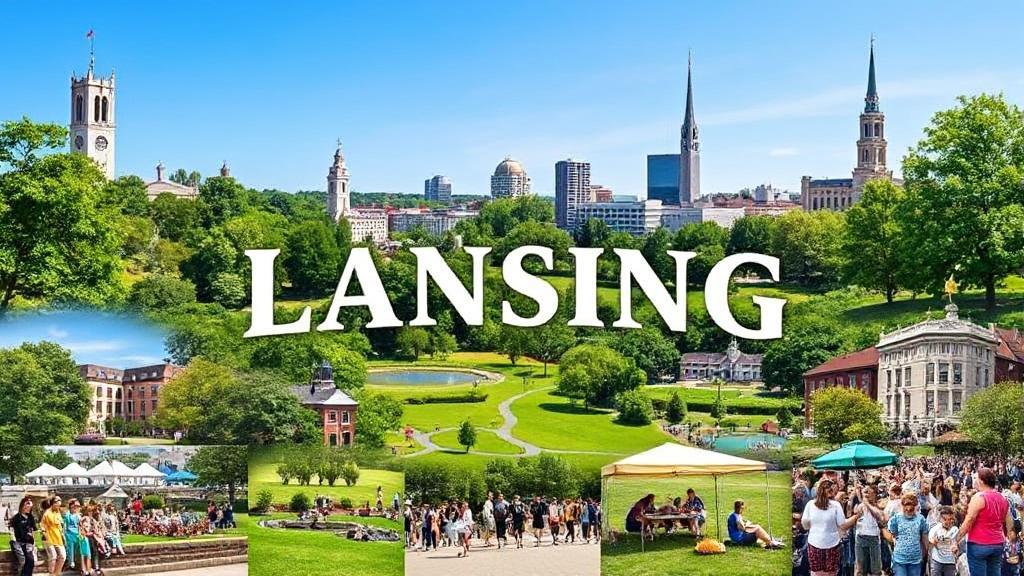 A vibrant collage showcasing Lansing's iconic landmarks, lush parks, and engaging cultural activities under a clear blue sky.