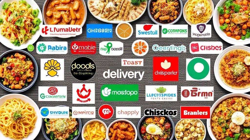 A vibrant collage of various food delivery service logos surrounded by an assortment of colorful, appetizing dishes.