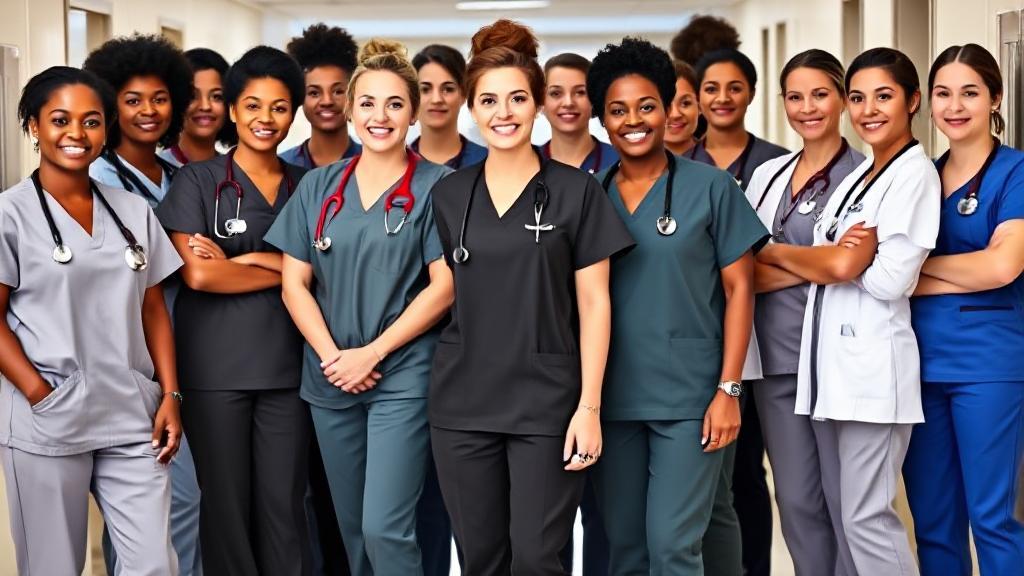 A diverse group of nurse practitioners in scrubs, stethoscopes around their necks, confidently standing in a hospital setting.