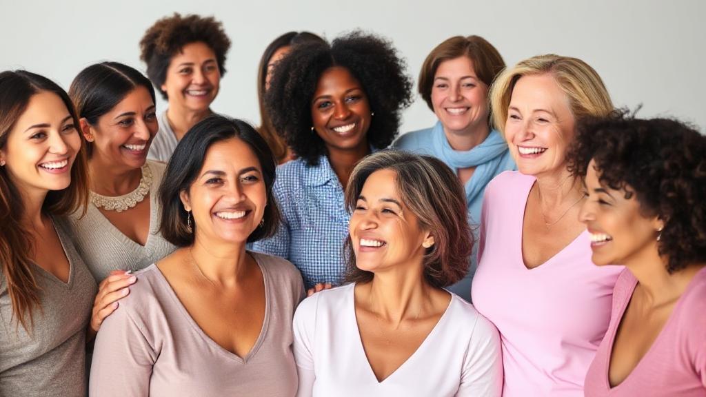 A diverse group of women of various ages and ethnicities smiling and supporting each other, symbolizing unity and awareness in breast health.