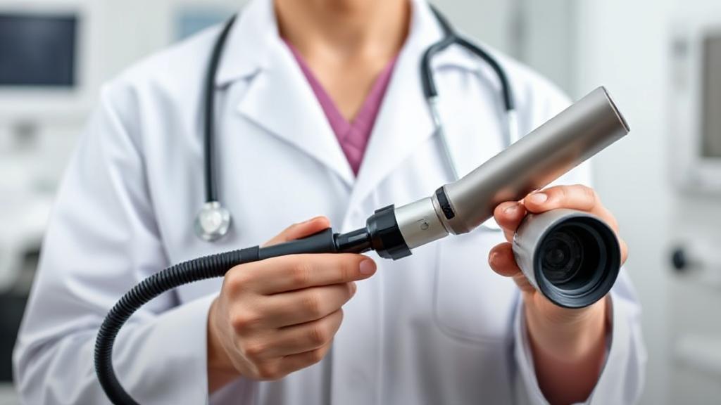 A medical professional in a white coat holding a colonoscope in a clinical setting, symbolizing expertise in performing colonoscopies.