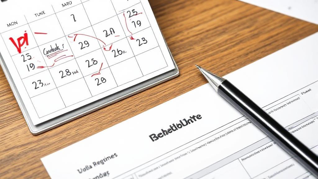 A calendar marked with important tax deadlines and a pen resting on a tax form.