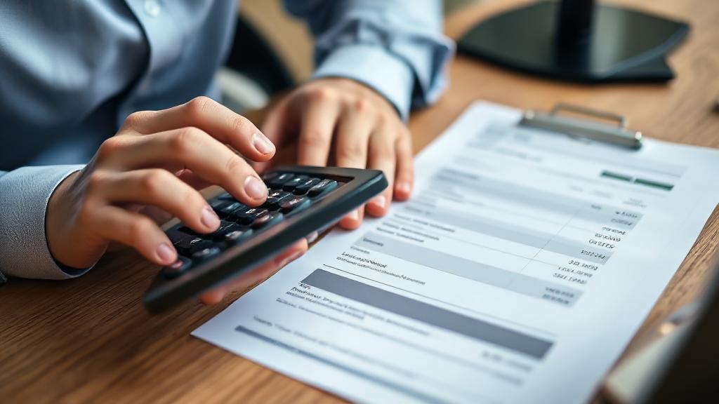 A close-up image of a person using a calculator and reviewing a credit card statement at a desk.