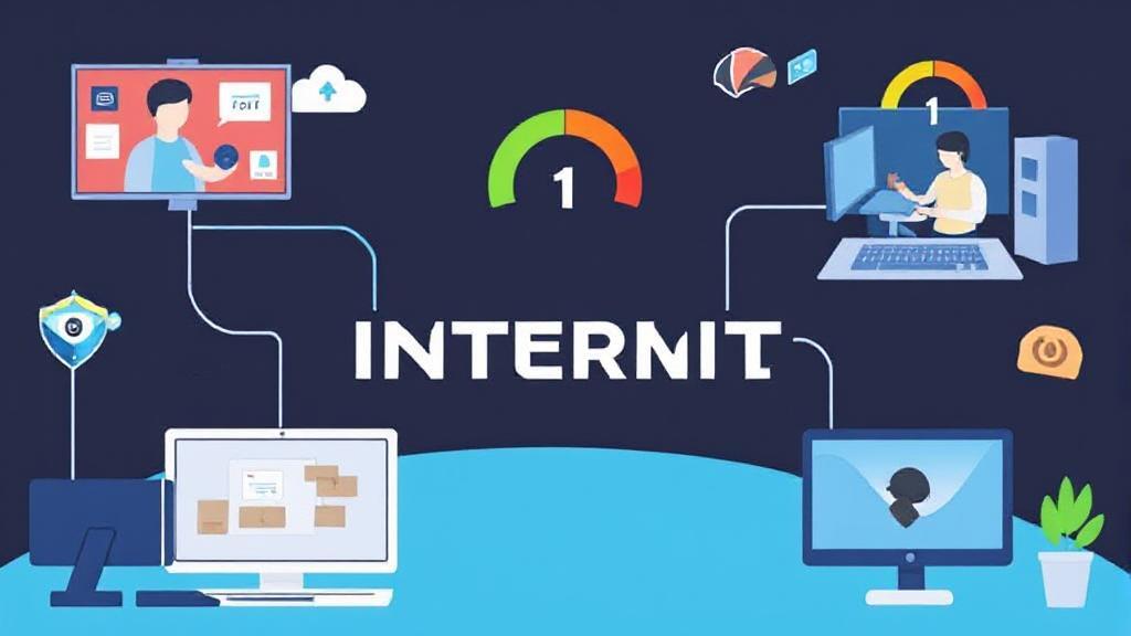 A dynamic illustration depicting various internet activities, such as video conferencing, gaming, and streaming, with speedometer icons indicating optimal upload speeds.