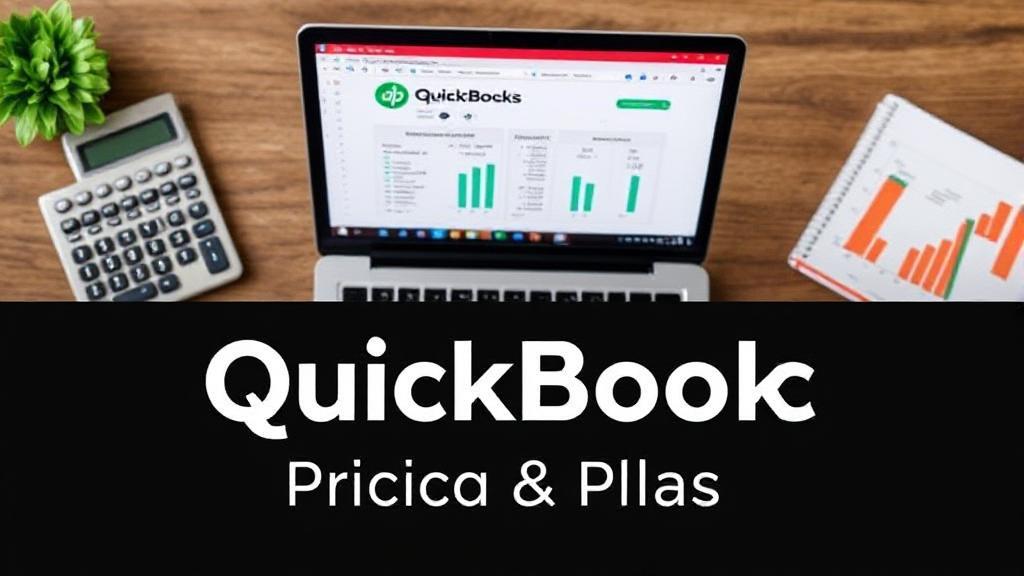 A header image featuring a calculator, a laptop displaying QuickBooks software, and a notepad with financial charts, symbolizing the comprehensive analysis of QuickBooks pricing and plans.