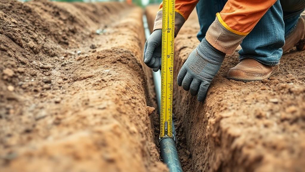 A close-up image of a construction worker measuring the depth of a trench for installing underground gas lines.