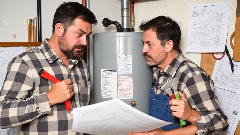 A frustrated homeowner examines a water heater with tools in hand, surrounded by plumbing diagrams and repair manuals.