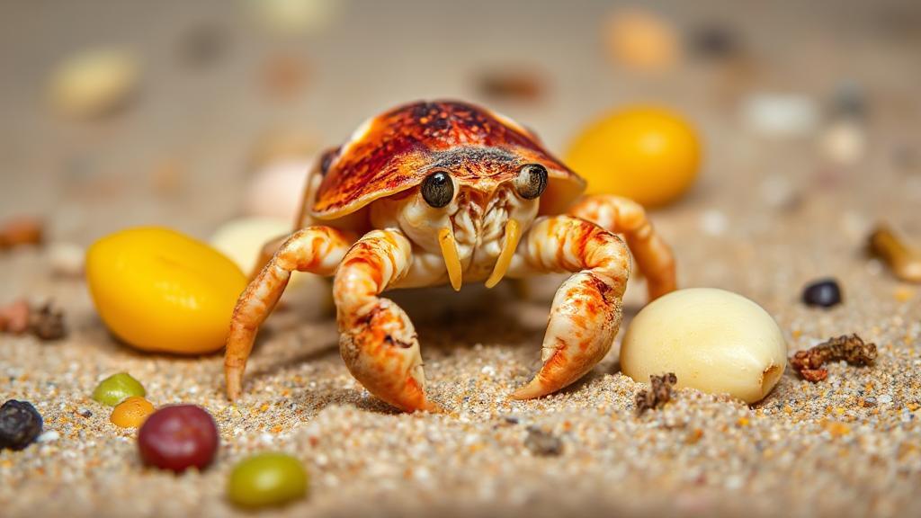 A vibrant close-up of a hermit crab exploring a sandy beach, surrounded by various types of food it might encounter in its natural habitat.