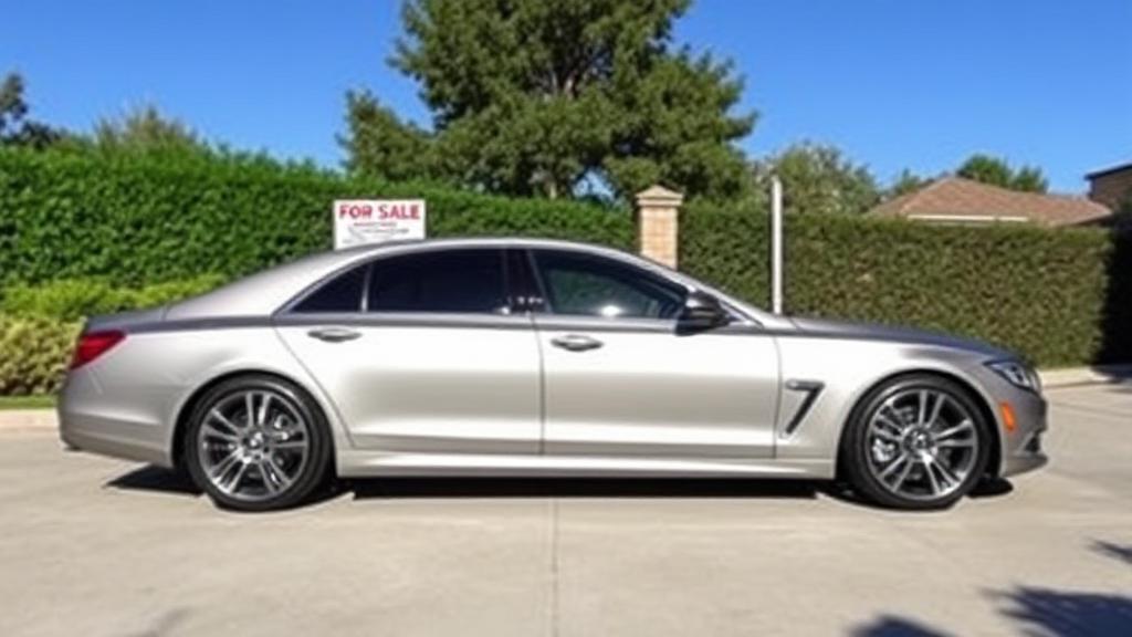 A sleek car parked in a driveway with a "For Sale" sign, surrounded by lush greenery and a clear blue sky.