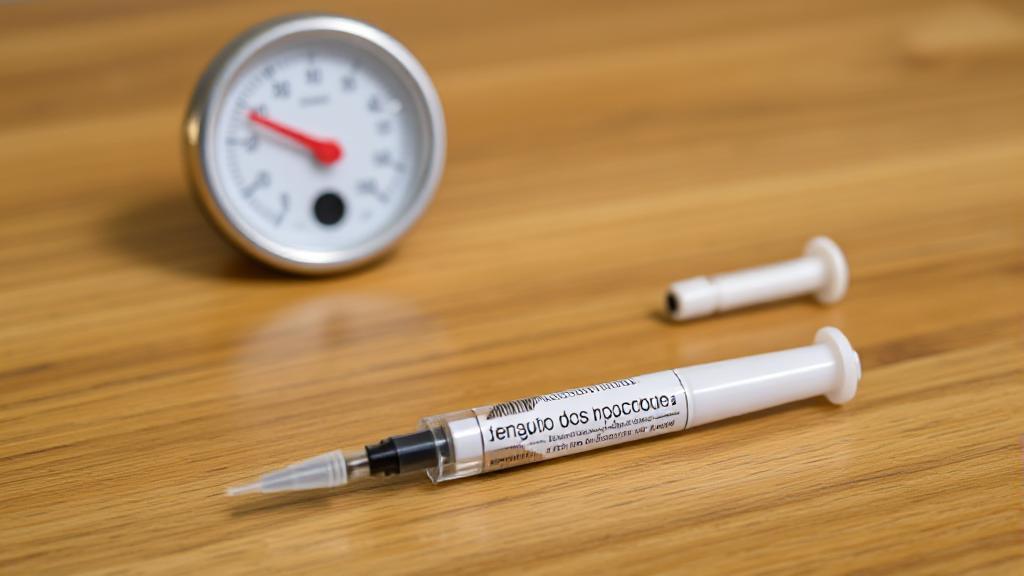 A close-up image of a semaglutide injection pen placed on a wooden table, with a room thermometer in the background displaying a moderate temperature.