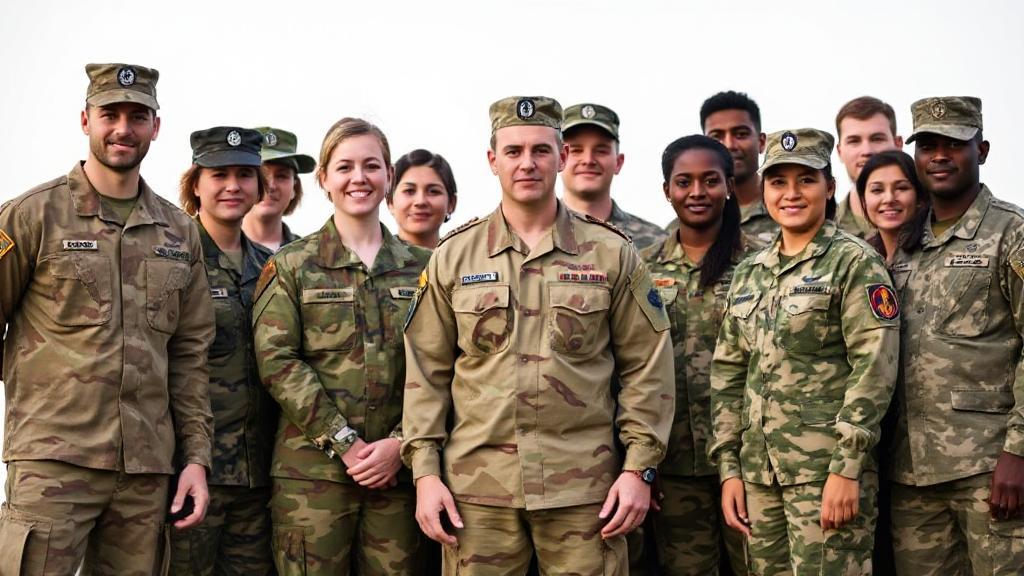 A diverse group of military personnel from different branches standing together, symbolizing unity and purpose.