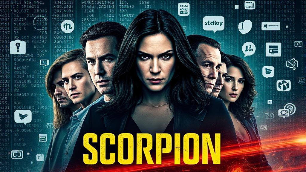 A dynamic collage of the main characters from the TV show "Scorpion" against a backdrop of digital code and streaming icons.