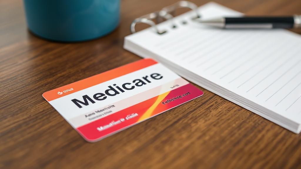 A close-up image of a Medicare card resting on a wooden table, with a pen and notepad nearby.