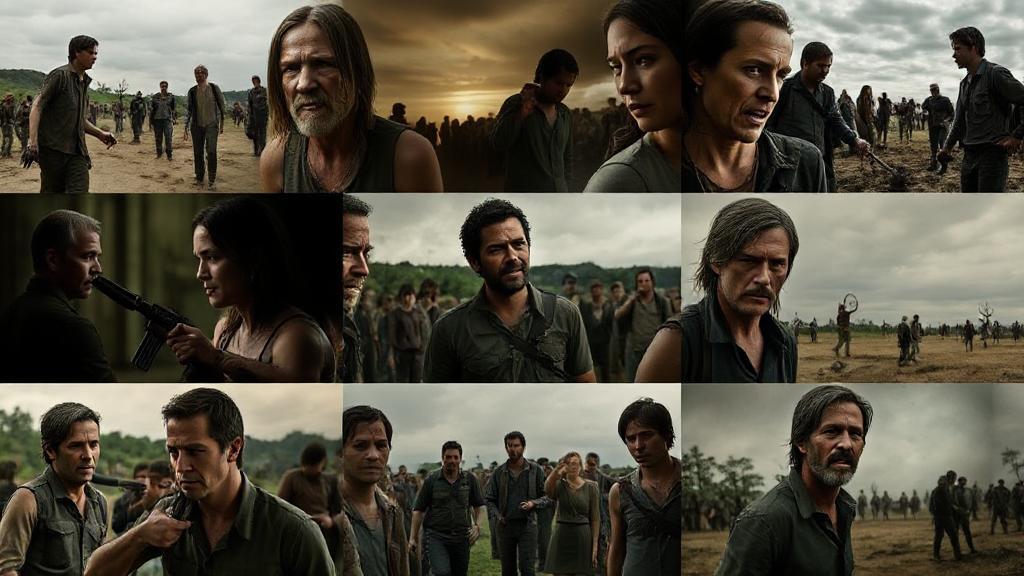 A gripping collage of iconic scenes from The Walking Dead, featuring key characters and intense moments, set against a backdrop of a post-apocalyptic landscape.