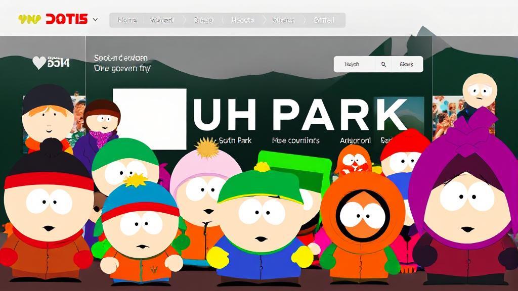 A vibrant collage of iconic South Park characters against a digital streaming interface backdrop.