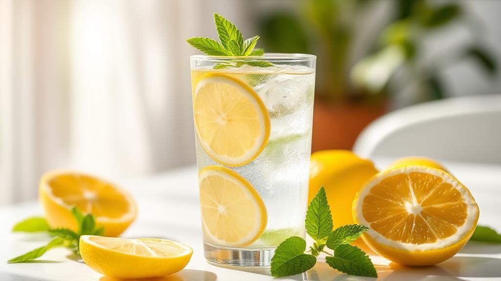 A refreshing glass of lemon water with fresh lemon slices and mint leaves on a bright, sunlit table.
