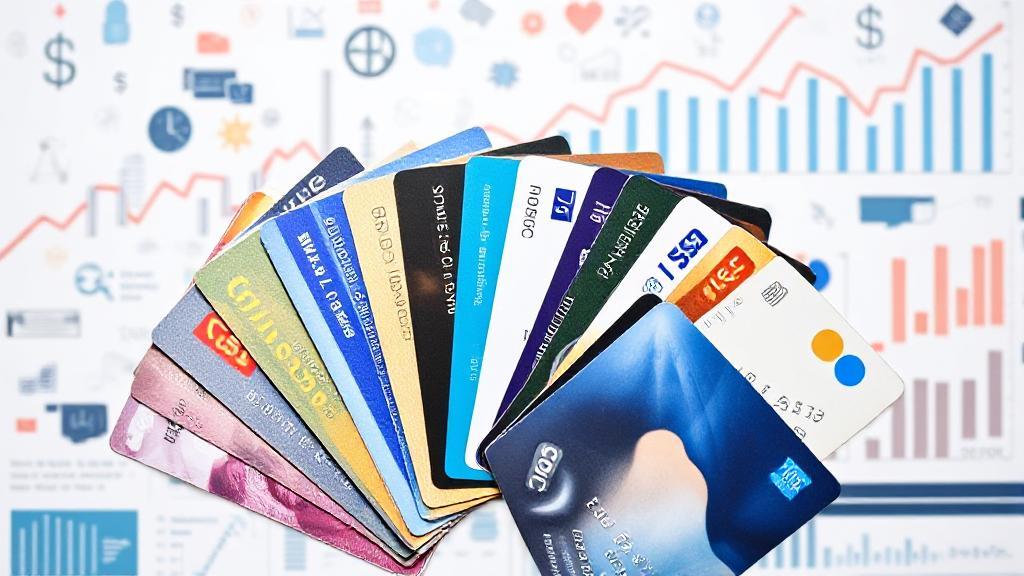A collage of various credit cards fanned out against a backdrop of financial symbols and graphs.