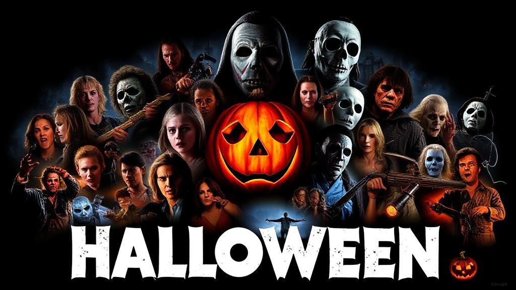 A chilling collage of iconic scenes and characters from the Halloween movie franchise set against a dark, eerie backdrop.