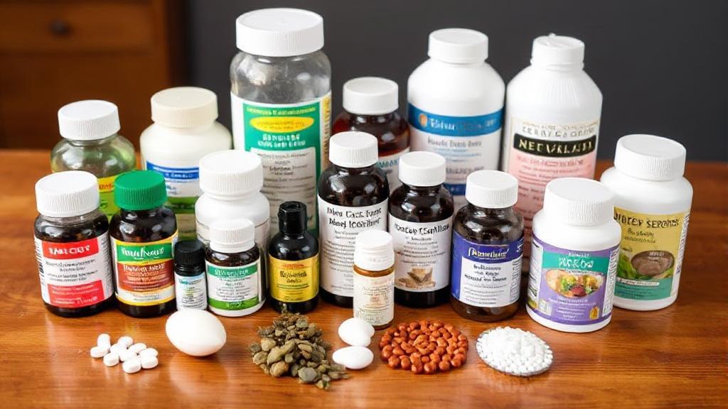 A collection of various affordable medication bottles and natural remedies displayed on a wooden table, symbolizing cost-effective alternatives for managing IBS-C and chronic constipation.