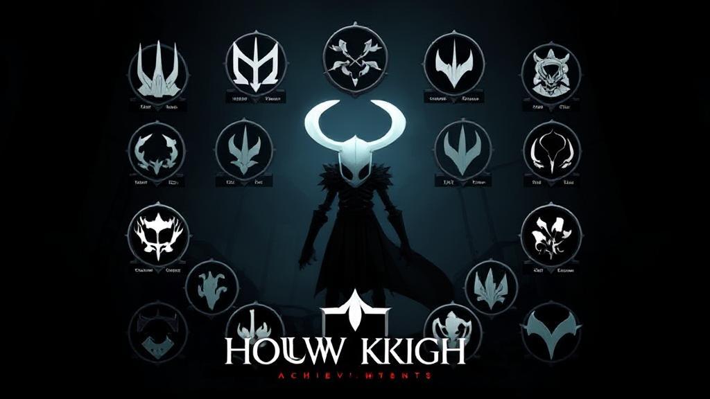 A collage of Hollow Knight achievement icons arranged around the game's main character in a dark, atmospheric setting.