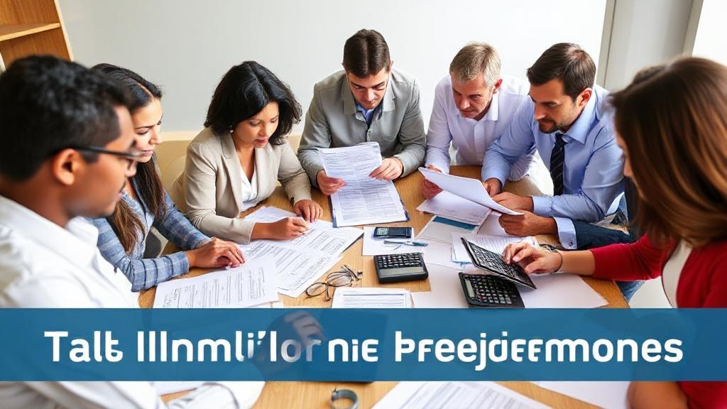 A diverse group of people examining tax documents and calculators at a table, symbolizing the process of determining tax filing requirements.