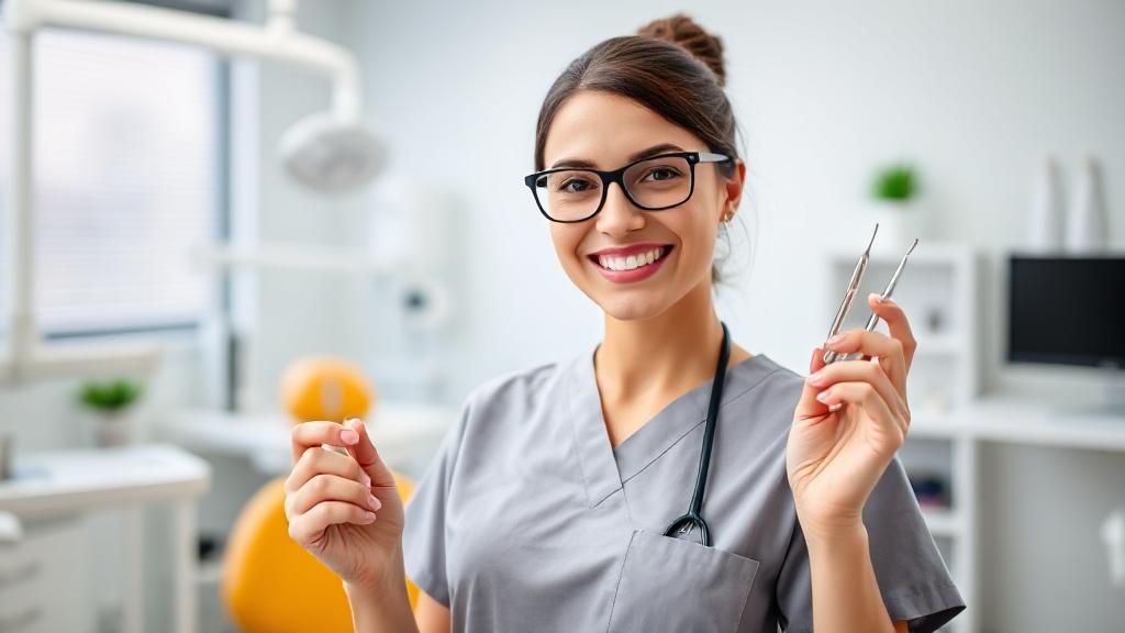 A smiling dental assistant in scrubs holding dental tools, standing in a bright, modern dental office.