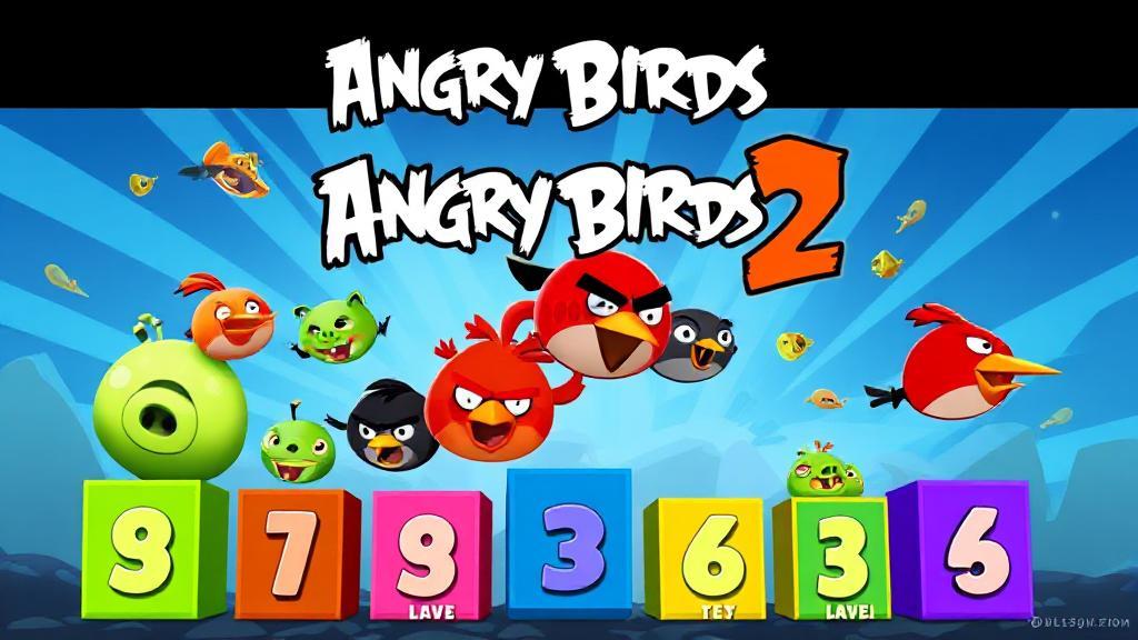 A vibrant collage of Angry Birds 2 characters launching through colorful, numbered level icons against a dynamic game background.