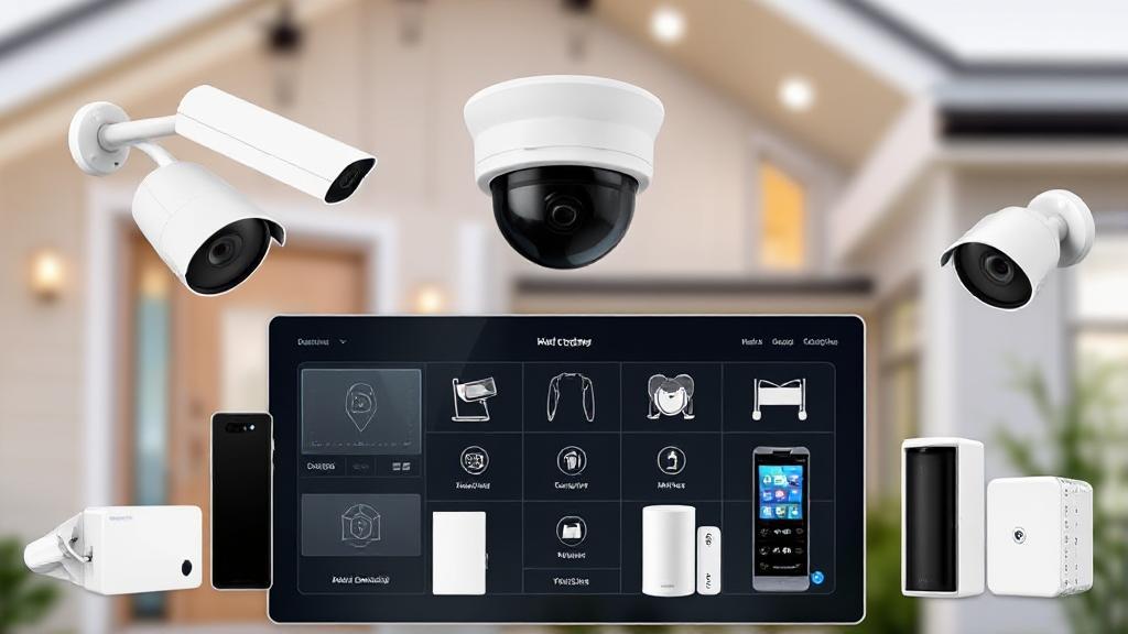 A modern home equipped with various smart security devices, including cameras and motion sensors, against a backdrop of a digital security interface.