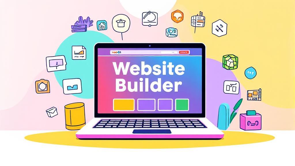 A vibrant illustration of a laptop displaying a website builder interface, surrounded by icons representing various website elements and tools.