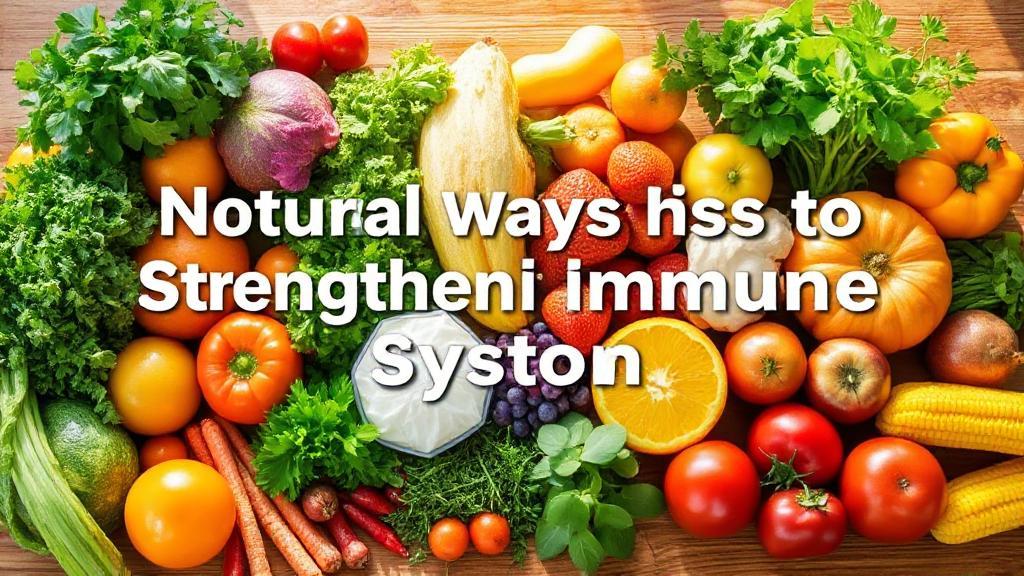 A vibrant assortment of fresh fruits, vegetables, and herbs arranged on a wooden table, with sunlight streaming in, symbolizing natural ways to strengthen the immune system.