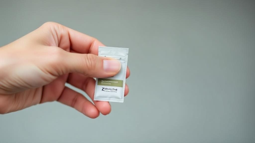 A close-up image of a hand holding a Zyn nicotine pouch against a blurred background, highlighting the small, discreet design of the pouch.