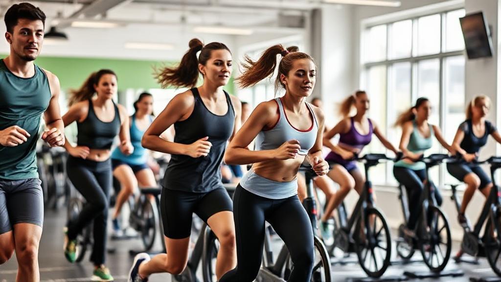 A diverse group of people performing various exercises like running, cycling, and strength training in a bright, energetic gym setting.