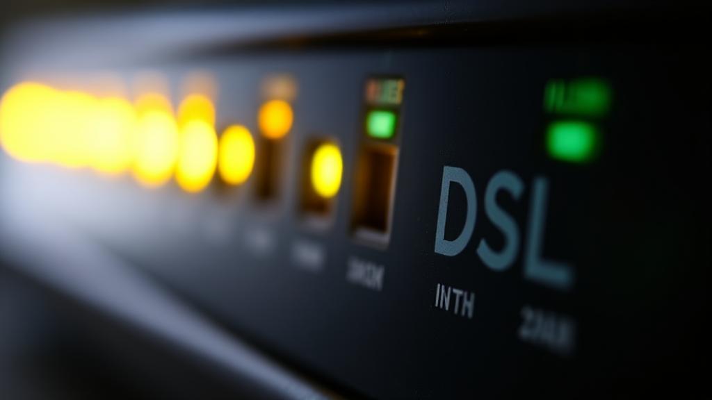 A close-up image of a DSL modem with glowing indicator lights, symbolizing high-speed internet connectivity.