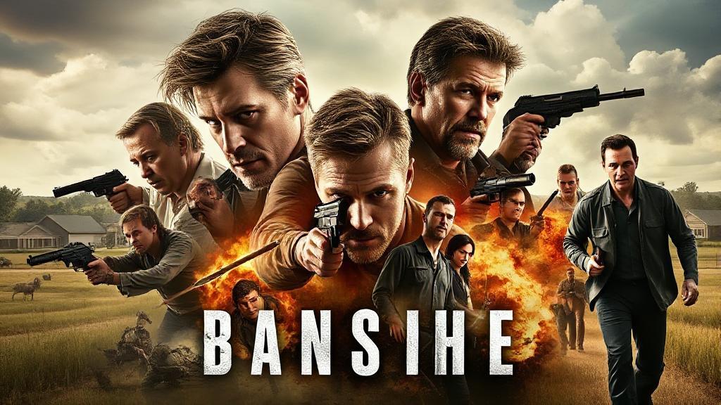 A dynamic collage of intense action scenes and key characters from the TV series "Banshee," set against a backdrop of a small-town landscape.