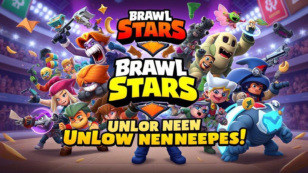 A vibrant collage of Brawl Stars champions in action, set against a dynamic arena background, highlighting the excitement of unlocking new characters.