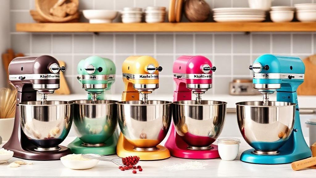 A vibrant kitchen scene featuring a lineup of sleek, modern stand mixers in various colors, surrounded by baking ingredients and utensils.