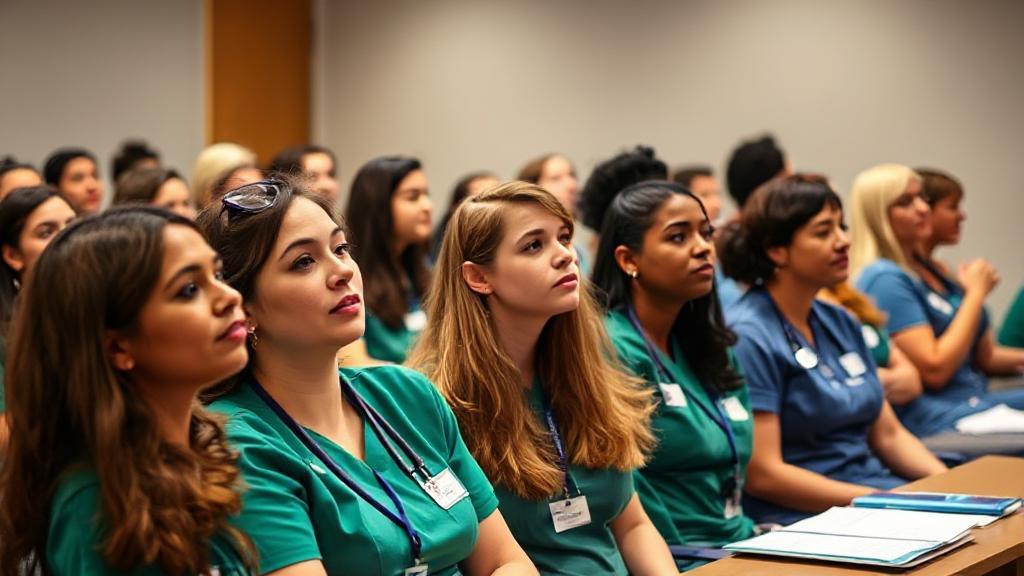 A diverse group of aspiring Certified Nursing Assistants attentively participating in a classroom training session.