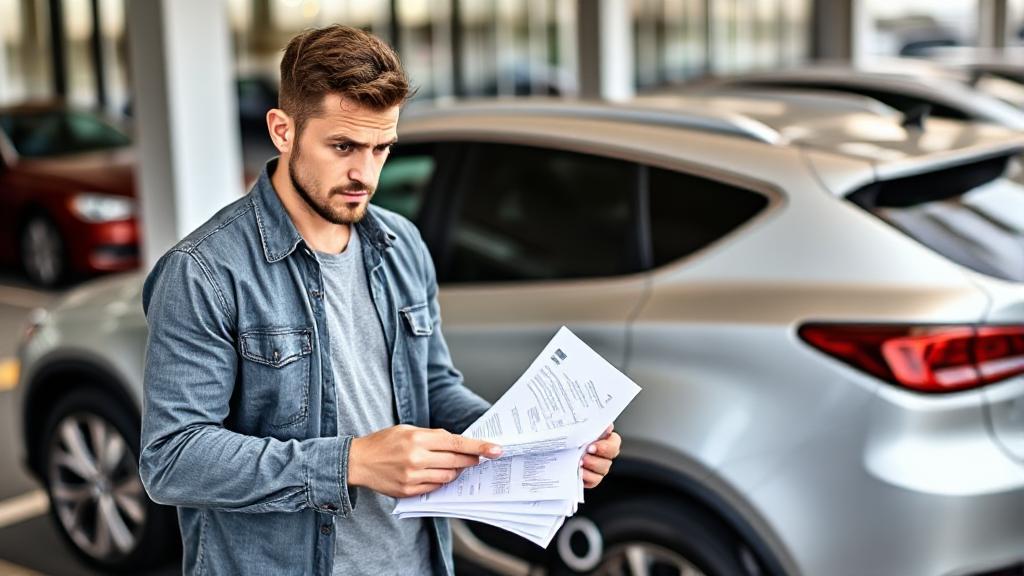 A frustrated car buyer stands in a dealership parking lot, holding a stack of paperwork next to a shiny new car.