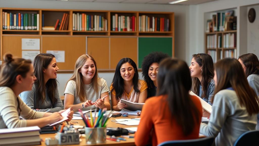 A diverse group of students engaged in a lively discussion in a university classroom, surrounded by books and art supplies, symbolizing the breadth of a Bachelor of Arts degree.