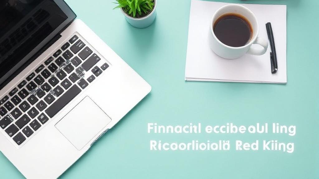 A neatly organized desk with a laptop, a stack of bank statements, and a cup of coffee, symbolizing financial organization and record-keeping.