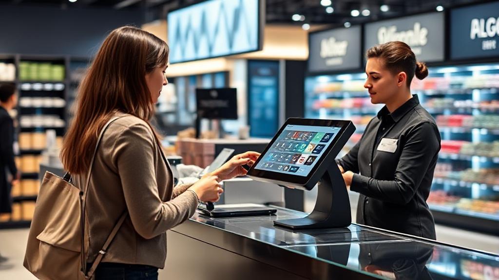 A modern retail checkout counter featuring a sleek touchscreen POS system with a cashier assisting a customer.