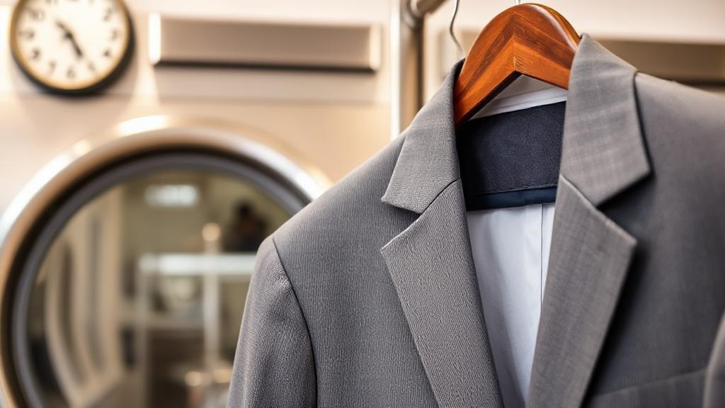 A close-up image of a neatly pressed suit hanging on a rack in a dry cleaning shop, with a clock in the background indicating the passage of time.