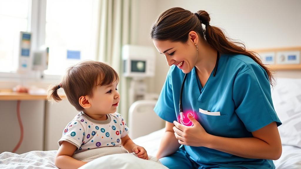 A compassionate pediatric nurse gently checks a young child's heartbeat in a bright, welcoming hospital room.