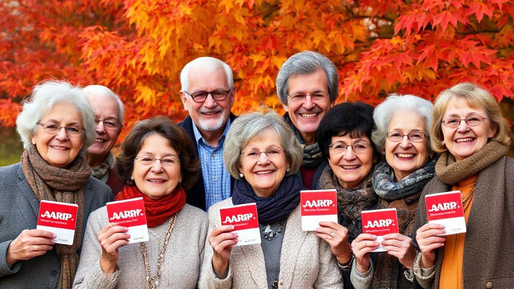 A diverse group of smiling seniors holding AARP membership cards against a backdrop of vibrant autumn leaves.