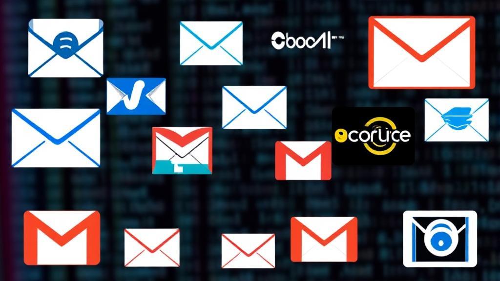 A collage of various email service logos against a digital background, symbolizing comparison and choice.