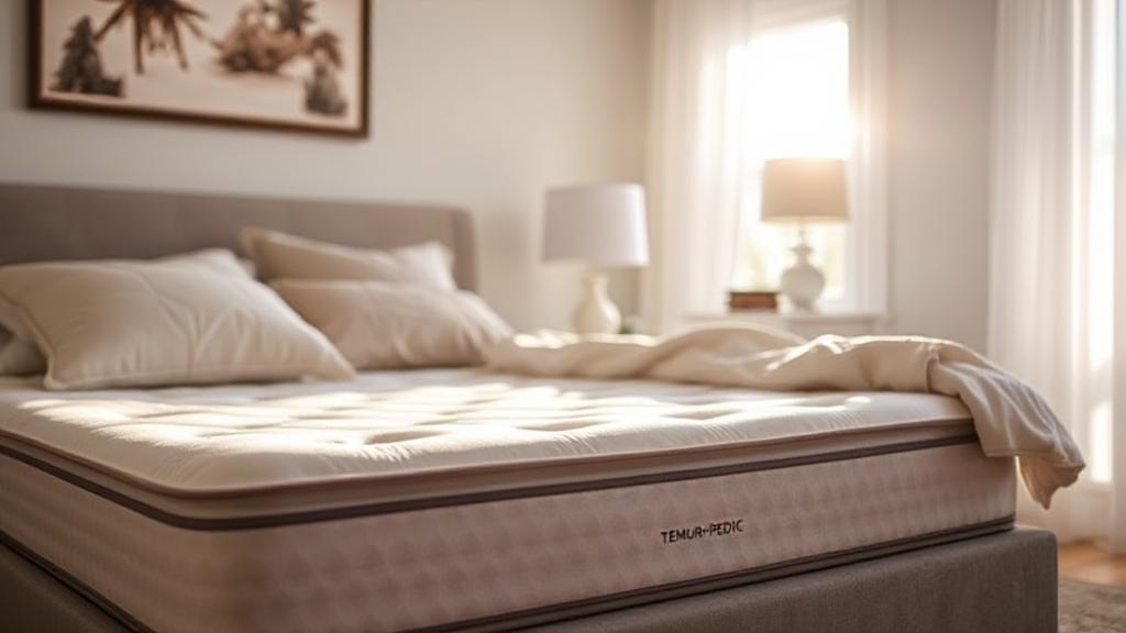 A cozy bedroom scene featuring a Tempur-Pedic mattress with soft, inviting bedding and a gentle morning light streaming through the window.