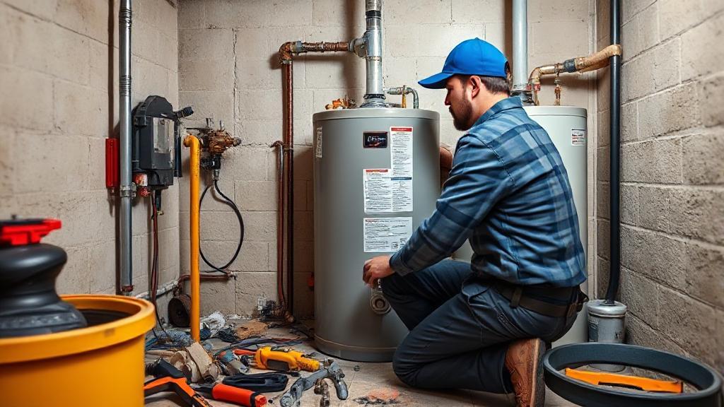 A high-resolution image of a plumber installing a new water heater in a residential basement, surrounded by tools and equipment.