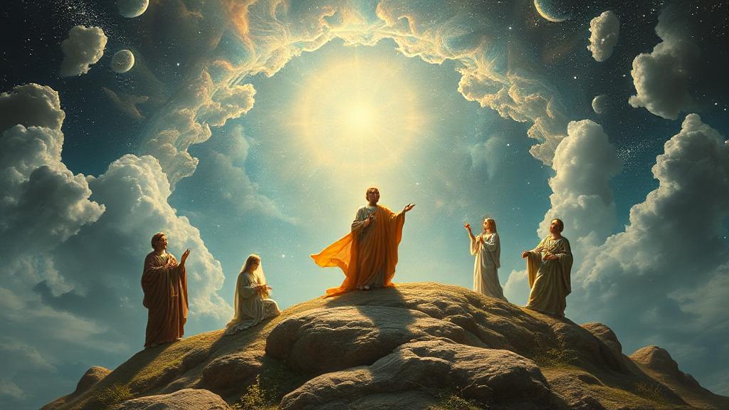 A serene celestial landscape with ethereal figures symbolizing diverse theological interpretations of intimacy in the afterlife.