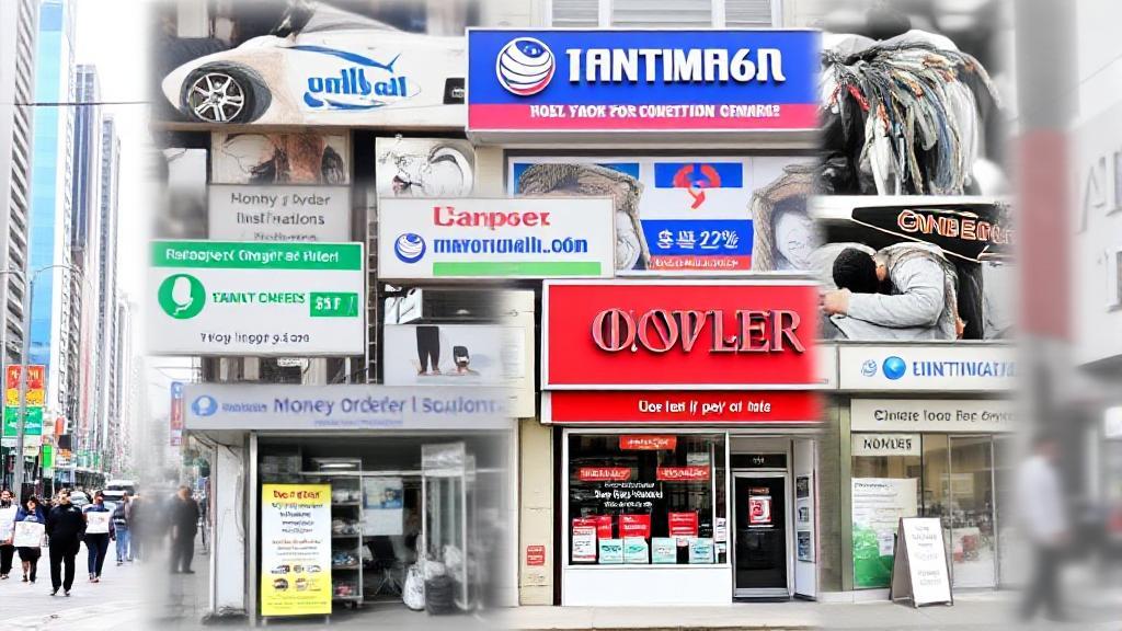 A collage of various local businesses and financial institutions offering money order services, set against a backdrop of a bustling city street.